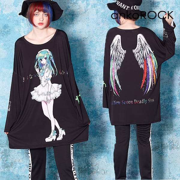 Tシャツ カットソー 見事な メンズ Tシャツ アンコロック Ankorock カットソー アイドル 大罪 ブラック 黒 オーバーサイズ ビッグシルエット 大きいサイズ ガールズプリント プリントtシャツ ロング丈 クルーネック ロンt 長袖 ブランド 服 ユニセックス レディース