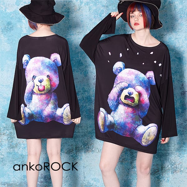 Tシャツ カットソー ブランド 服 ユニセックス レディース ビッグtシャツ ワンピース カットソー メンズ Tシャツ アンコロック Ankorock 長袖 テディベア 動物 ブラック 黒 オーバーサイズ ビッグシルエット 大きいサイズ かわいい クマ くま 熊 プリントtシャツ ロング