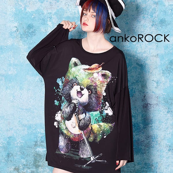 Tシャツ カットソー メンズ Tシャツ アンコロック Ankorock カットソー 動物 ブラック 黒 オーバーサイズ ビッグシルエット 大きいサイズ かわいい たぬき タヌキ プリントtシャツ ロング丈 クルーネック ロンt 長袖 ブランド 服 ユニセックス レディース ビッグtシャツ