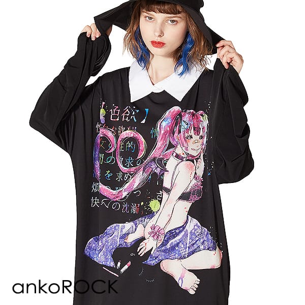 21人気の プリントtシャツ ロング丈 シャツ襟 ロンt 長袖 ブランド 服 ユニセックス レディース ビッグtシャツ ワンピース カットソー メンズ Tシャツ アンコロック Ankorock ガールズプリント アイドル 大罪 ブラック 黒 オーバーサイズ ビッグシルエット 大きいサイズ