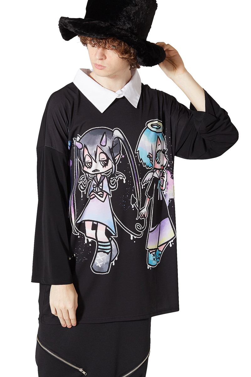 気質アップ Ankorock アンコロック Tシャツ メンズ カットソー ワンピース ビッグtシャツ レディース ユニセックス 服 ブランド 長袖 ロンt シャツ襟 ロング丈 プリントtシャツ ガールズプリント かわいい 大きいサイズ ビッグシルエット オーバーサイズ 黒 ブラック 天使