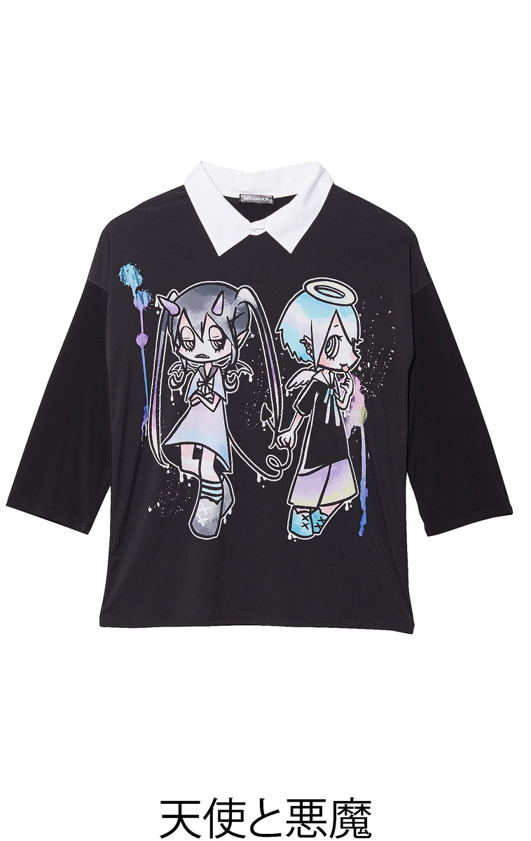 気質アップ Ankorock アンコロック Tシャツ メンズ カットソー ワンピース ビッグtシャツ レディース ユニセックス 服 ブランド 長袖 ロンt シャツ襟 ロング丈 プリントtシャツ ガールズプリント かわいい 大きいサイズ ビッグシルエット オーバーサイズ 黒 ブラック 天使