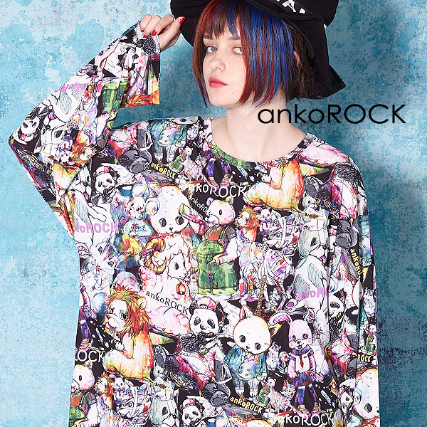 品質のいい ブランド 服 ユニセックス レディース ビッグtシャツ ワンピース カットソー メンズ Tシャツ アンコロック Ankorock 長袖 アニマル 動物 オーバーサイズ ビッグシルエット 大きいサイズ 動物 総柄 プリントtシャツ ロング丈 クルーネック ロンt Art7433