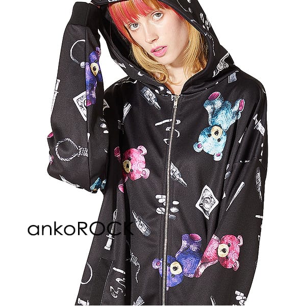 現品限り一斉値下げ アンコロック Ankorock パーカー テディベア ブラック 黒 オーバーサイズ ビッグシルエット 大きいサイズ ジップアップパーカー クマ くま 熊 プリント 総柄 ロング丈 長袖 ブランド 服 ユニセックス レディース ジップパーカー メンズ Art7504