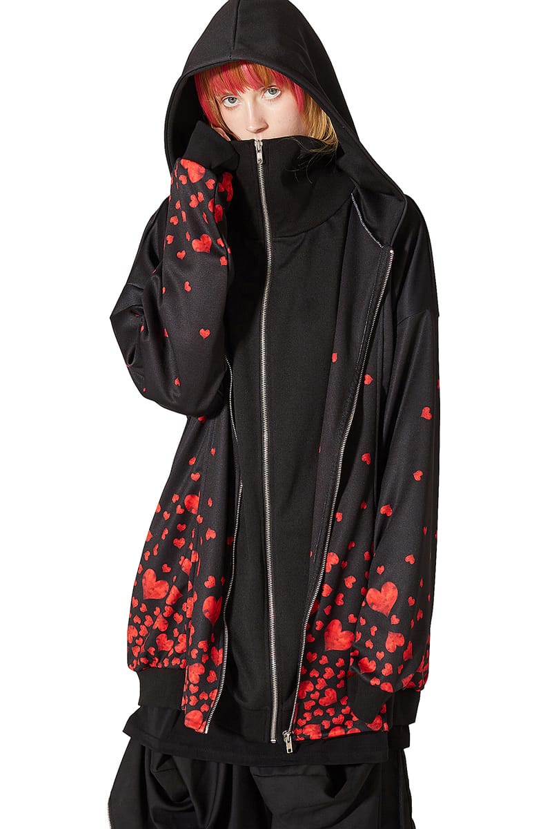 新品 Ankorock アンコロック パーカー メンズ ジップパーカー レディース ユニセックス 服 ブランド 長袖 ロング丈 総柄 プリント ジップアップパーカー 大きいサイズ ビッグシルエット オーバーサイズ 黒 ブラック ハート Ankorock 春夏新色 Www