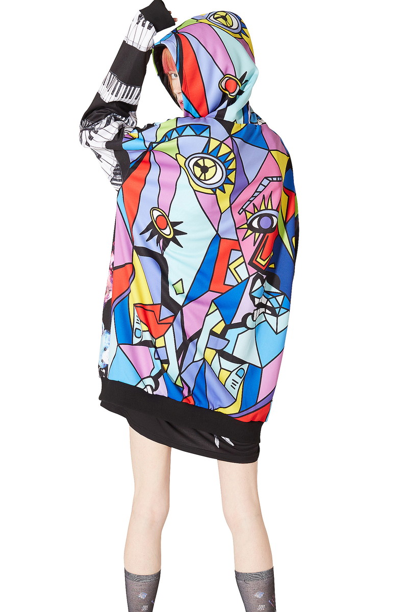 春夏新色 Ankorock アンコロック パーカー メンズ レディース ワンピース ユニセックス 服 ブランド 長袖 ロング丈 大きいサイズ ビッグシルエット オーバーサイズ アシンメトリー ジップ 総柄 バラバラ アニマル カラフル ミックス Ankorock 在庫有