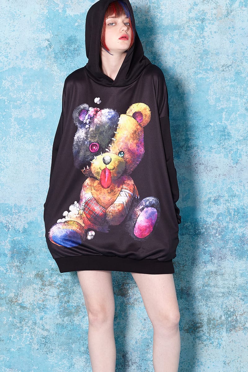 ロング丈 総柄 レディース 長袖 服 メンズ ファッション ユニセックス 黒 パーカー かわいい 衣装 ビッグシルエット 熊 個性的 かわいい Ankorock 派手 クマ アンコロック 原宿系 大きいサイズ プリント くま プルパーカー ブランド プルオーバー メンズ