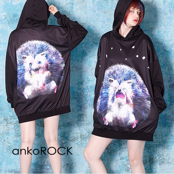 パーカー ユニセックス レディース プルオーバー メンズ パーカー アンコロック Ankorock 服 ハリネズミ 動物 ブラック 黒 オーバーサイズ ビッグシルエット 大きいサイズ かわいい はりねずみ プリント プルパーカー ロング丈 長袖 ブランド 人気ブラドン Blog