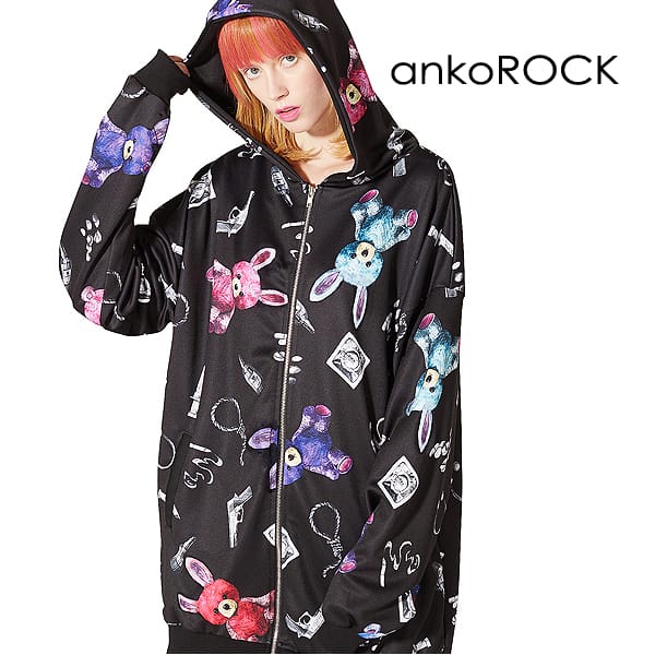 受賞店舗 楽天市場 Ankorock アンコロック パーカー メンズ ジップパーカー レディース ユニセックス 服 ブランド 長袖 ロング丈 総柄 プリント うさぎ ウサギ ジップアップパーカー 大きいサイズ ビッグシルエット オーバーサイズ 黒 ブラック ラビッツ Ankorock