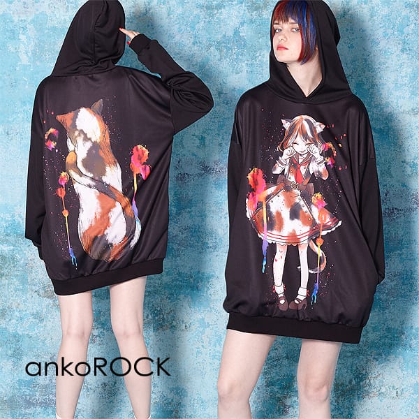 新しいコレクション Ankorock アンコロック パーカー メンズ プルオーバー レディース ユニセックス 服 ブランド 長袖 ロング丈 プルパーカー ガールズプリント かわいい 大きいサイズ ビッグシルエット オーバーサイズ 黒 ブラック 女の子 動物 アニマル 輝く高品質な