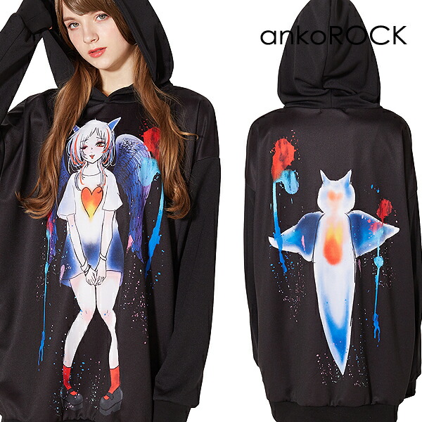 ギフ 包装 パーカー ワンピース レディース メンズ パーカー アンコロック Ankorock ユニセックス クリオネ ガール 女の子 プリント ブラック 黒 オーバーサイズ ビッグシルエット 大きいサイズ ロング丈 長袖 ブランド 服 プルオーバー Telcoserv Gr