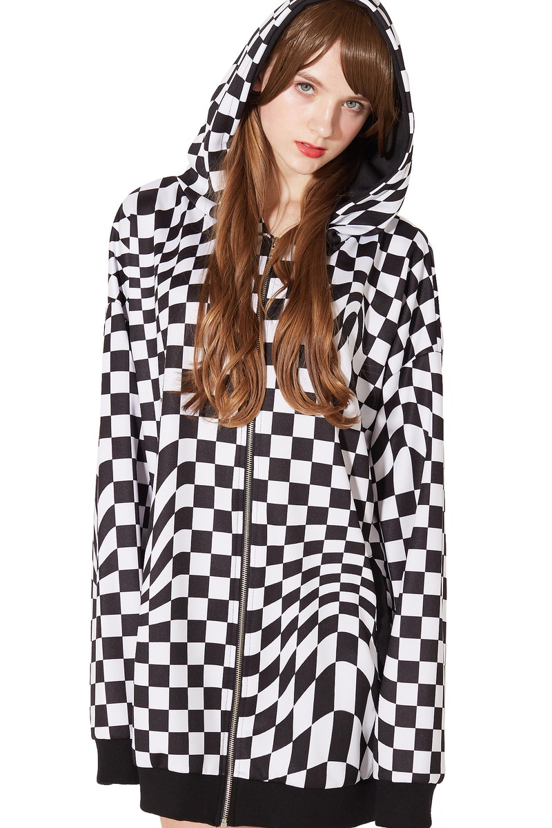 パーカー 派手系 ユニセックス レディース メンズ アンコロック 派手 ワンピース ブランド 長袖 ジップアップ ジップアップ 大きいサイズ 服 ビッグシルエット Ankorock ロング丈 オーバーサイズ 白黒 格子柄 チェック柄 ゆがみ Ankorock原宿系 ファッション 派手 個性的