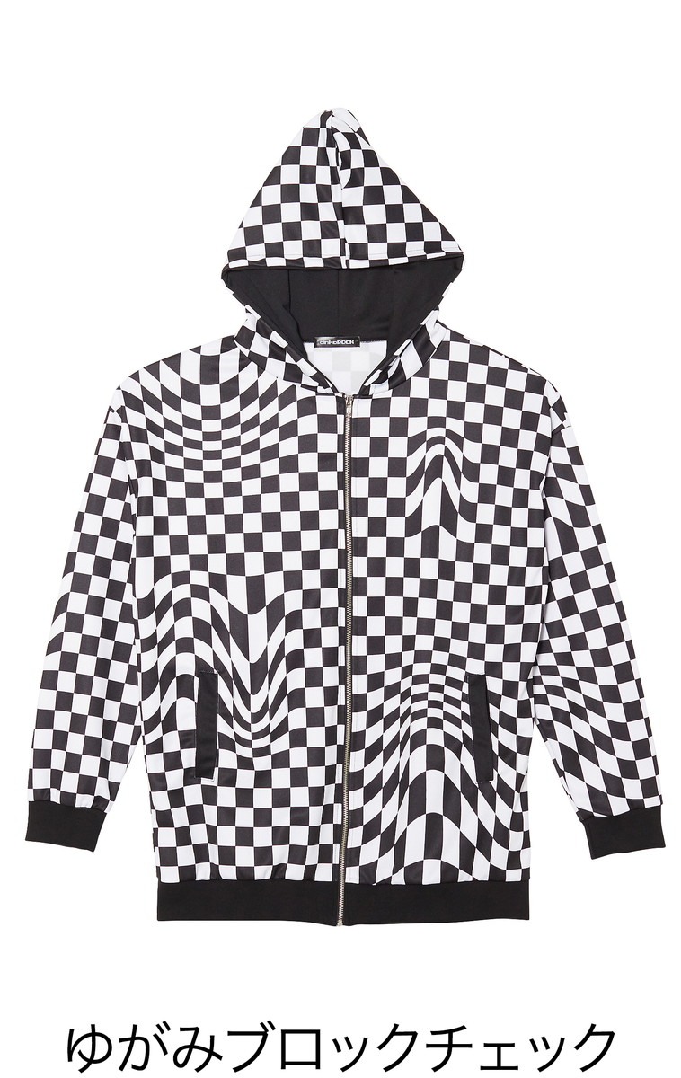 パーカー 派手系 ユニセックス レディース メンズ アンコロック 派手 ワンピース ブランド 長袖 ジップアップ ジップアップ 大きいサイズ 服 ビッグシルエット Ankorock ロング丈 オーバーサイズ 白黒 格子柄 チェック柄 ゆがみ Ankorock原宿系 ファッション 派手 個性的