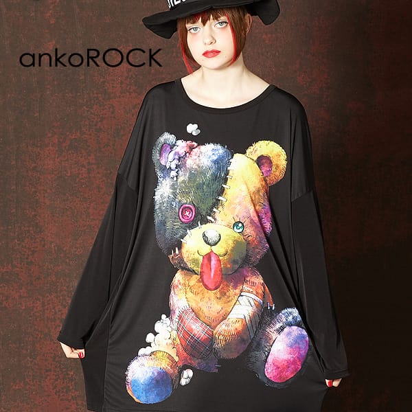 注目ブランド Ankorock アンコロック Tシャツ メンズ カットソー ワンピース ビッグtシャツ レディース ユニセックス 服 ブランド 長袖 ロンt クルーネック ロング丈 プリントtシャツ 総柄 熊 くま クマ テディベア 大きいサイズ ビッグシルエット オーバーサイズ 黒