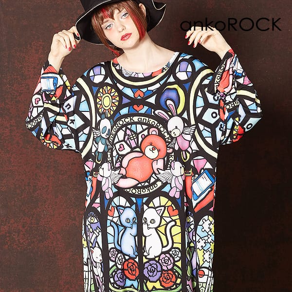 注目の ロング丈 クルーネック ロンt 長袖 ブランド 服 ユニセックス レディース ビッグtシャツ ワンピース カットソー メンズ Tシャツ アンコロック Ankorock プリントtシャツ ステンドグラス オーバーサイズ ビッグシルエット 大きいサイズ 総柄 Art7816