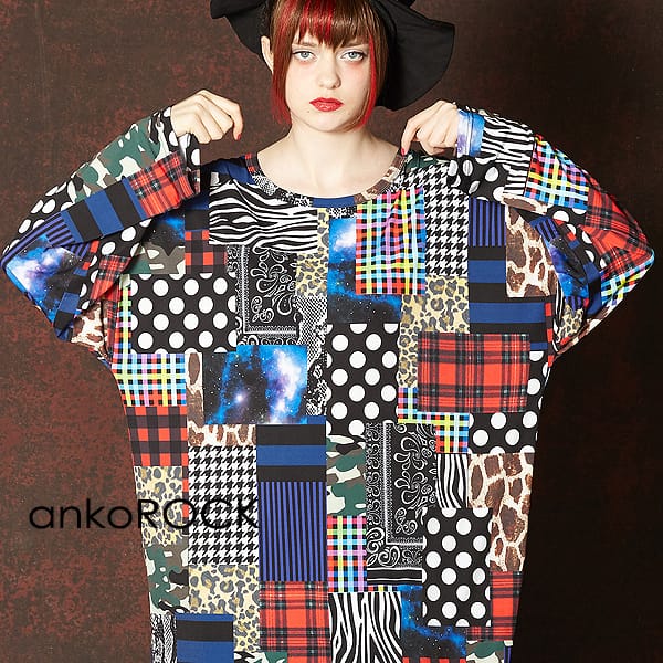 人気沸騰ブラドン レディース ビッグtシャツ ワンピース カットソー メンズ Tシャツ アンコロック Ankorock ユニセックス パッチワーク風 オーバーサイズ ビッグシルエット 大きいサイズ 総柄 プリントtシャツ ロング丈 クルーネック ロンt 長袖 ブランド 服 Art7817