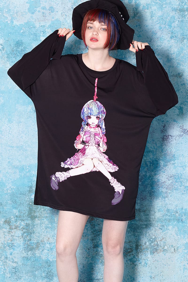 正規品 Ankorock アンコロック Tシャツ メンズ カットソー ワンピース ビッグtシャツ レディース ユニセックス 服 ブランド 長袖 ロンt クルーネック ロング丈 プリントtシャツ ガールズプリント 大きいサイズ ビッグシルエット オーバーサイズ 黒 ブラック