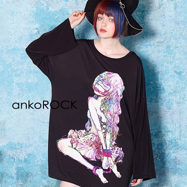 超目玉 12月 ユニセックス レディース ビッグtシャツ ワンピース カットソー メンズ Tシャツ アンコロック Ankorock 服 ブラック 黒 オーバーサイズ ビッグシルエット 大きいサイズ ガールズプリント プリントtシャツ ロング丈 クルーネック ロンt 長袖 ブランド T