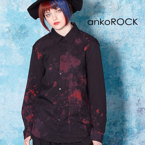 オンラインショップ の原宿系 ファッション 派手 個性的 衣装 Ankorock アンコロック シャツ メンズ ブラウス レディース ユニセックス 服 ブランド 長袖 スリム 細身 総柄 プリント 柄シャツ 黒 ブラック 血しぶき 決算特価商品 の