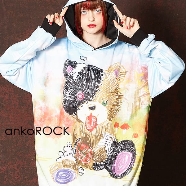 受賞店舗 楽天市場 Ankorock アンコロック パーカー メンズ プルオーバー レディース ユニセックス 服 ブランド 長袖 ロング丈 プル パーカー 総柄 クマ 熊 くま プリント かわいい 大きいサイズ ビッグシルエット オーバーサイズ 白 ホワイト 動物 テディベア