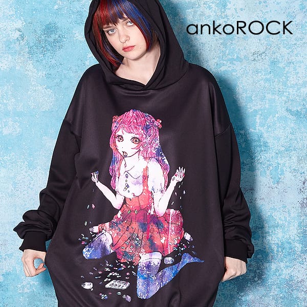 パーカー もらって嬉しい出産祝い パーカー アンコロック Ankorock メンズ 女の子 ブラック 黒 オーバーサイズ ビッグシルエット 大きいサイズ ガールズプリント プルパーカー ロング丈 長袖 ブランド 服 ユニセックス レディース プルオーバー