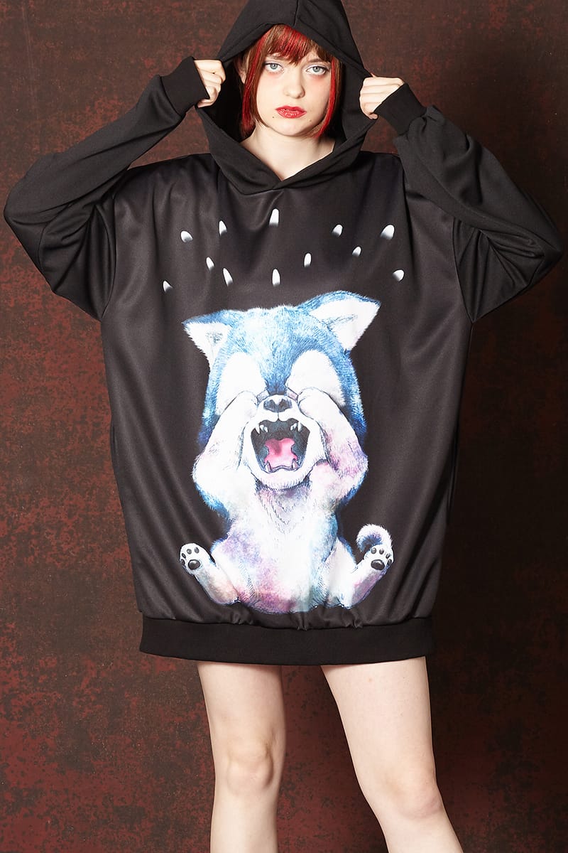 最旬トレンドパンツ イヌ プリント プルパーカー ロング丈 長袖 ブランド 服 ユニセックス レディース プルオーバー メンズ パーカー アンコロック Ankorock 犬 シベリアンハスキー 動物 ブラック 黒 オーバーサイズ ビッグシルエット 大きいサイズ かわいい トップス