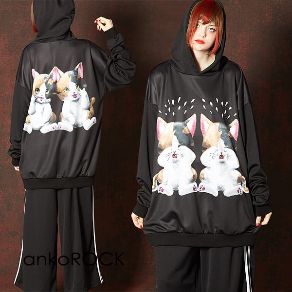パーカー ロング丈 長袖 ブランド 服 ユニセックス レディース プルオーバー メンズ パーカー アンコロック Ankorock プルパーカー 三毛猫 ブラック 黒 オーバーサイズ ビッグシルエット 大きいサイズ ねこ ネコ プリント 動物柄 特価商品 Www Rrj Mu