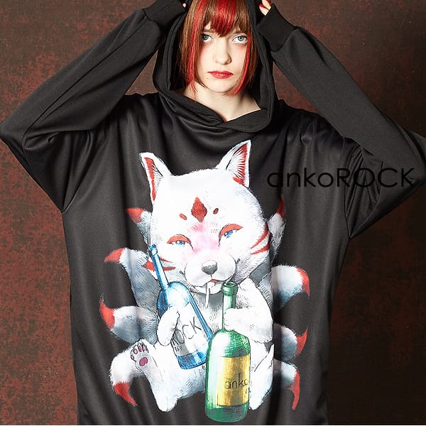 今年の新作から定番まで パーカー 動物 プリント プルパーカー ロング丈 長袖 ブランド 服 ユニセックス レディース プルオーバー メンズ パーカー アンコロック Ankorock きつね キツネ ブラック 黒 オーバーサイズ ビッグシルエット 大きいサイズ アニマル柄