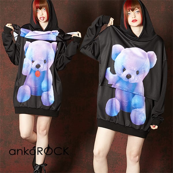 個性的 メンズ パーカー プルパーカー ロング丈 動物柄 くま レディース 動物柄 服 ロング丈 ユニセックス ブランド 衣装 熊 オーバーサイズ 原宿系 ビッグシルエット レディース 大きいサイズ 派手 アンコロック プリント ファッション Ankorock クマ プルオーバー 長袖