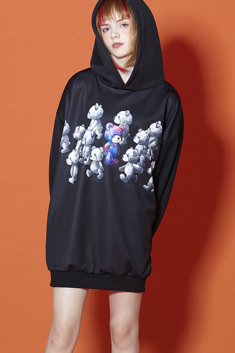 Ankorock アンコロック パーカー メンズ プル襲 レディース ユニ交わり 衣服 商標名 長袖 稠密 印刷 動物矢幹 生き物柄 テディベア ヒグマ 熊 くま ビッグシルエット オーバー号 高やかサイズ ロング身丈 無法者色 黒 Marchesoni Com Br