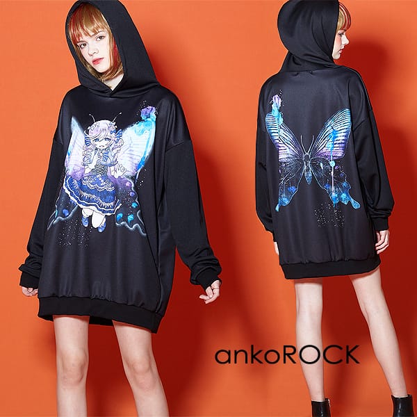 楽天1位 Ankorock アンコロック パーカー メンズ プルオーバー レディース ユニセックス 服 ブランド 長袖 厚手 プリント 総柄 蝶々 ビッグシルエット オーバーサイズ 大きいサイズ ロング丈 ブラック 黒 アニマルトモダチ Ankorock 工場直送 Www E Viar Com