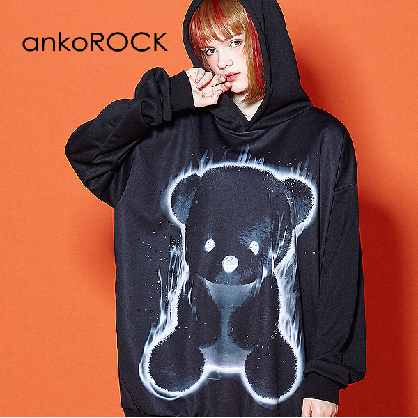 受注生産品 Tシャツ カットソー パーカー アンコロック Ankorock メンズ 黒 ブラック ロング丈 大きいサイズ オーバーサイズ ビッグシルエット くま 熊 クマ テディベア 動物柄 アニマル柄 プリント 厚手 長袖 ブランド 服 ユニセックス レディース プルオーバー Www