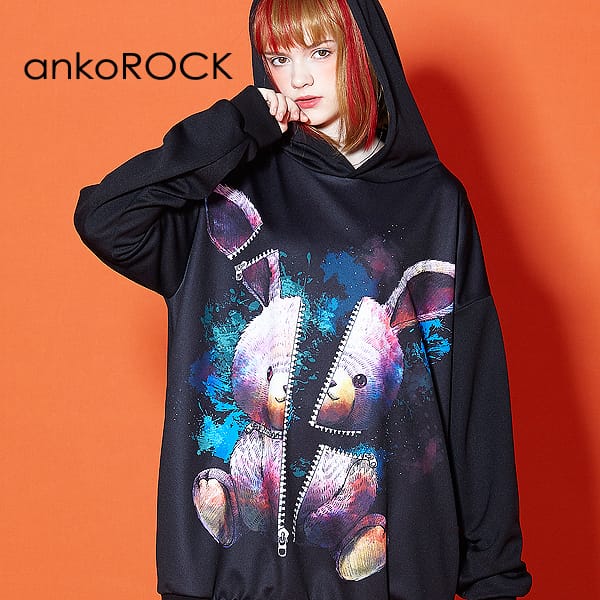 Web限定カラー Tシャツ カットソー ブランド 服 ユニセックス レディース プルオーバー メンズ パーカー アンコロック Ankorock 長袖 ジッパーズ Zipperz 黒 ブラック ロング丈 大きいサイズ オーバーサイズ ビッグシルエット うさぎ ウサギ 動物柄 アニマル柄 プリント