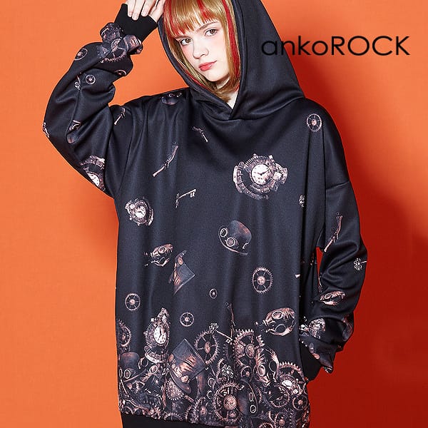 格安販売の Tシャツ カットソー Ankorock アンコロック バラバラスチームパンク 黒 ブラック ロング丈 大きいサイズ オーバーサイズ ビッグシルエット レトロ 総柄 プリント 厚手 長袖 ブランド 服 ユニセックス レディース プルオーバー メンズ パーカー Sorif Dk