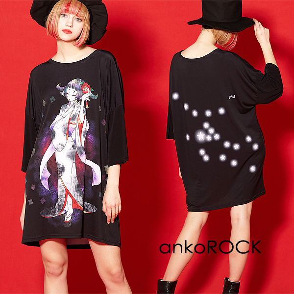 Tシャツ カットソー 人気no 1 Tシャツ アンコロック Ankorock メンズ 黒 おうし座 牡牛座 星座 ワンピース カットソー オーバーサイズ ビッグシルエット 大きいサイズ ロング丈 クルーネック 半袖 ガールズプリント 女の子 総柄 プリントtシャツ ブランド 服 ユニ