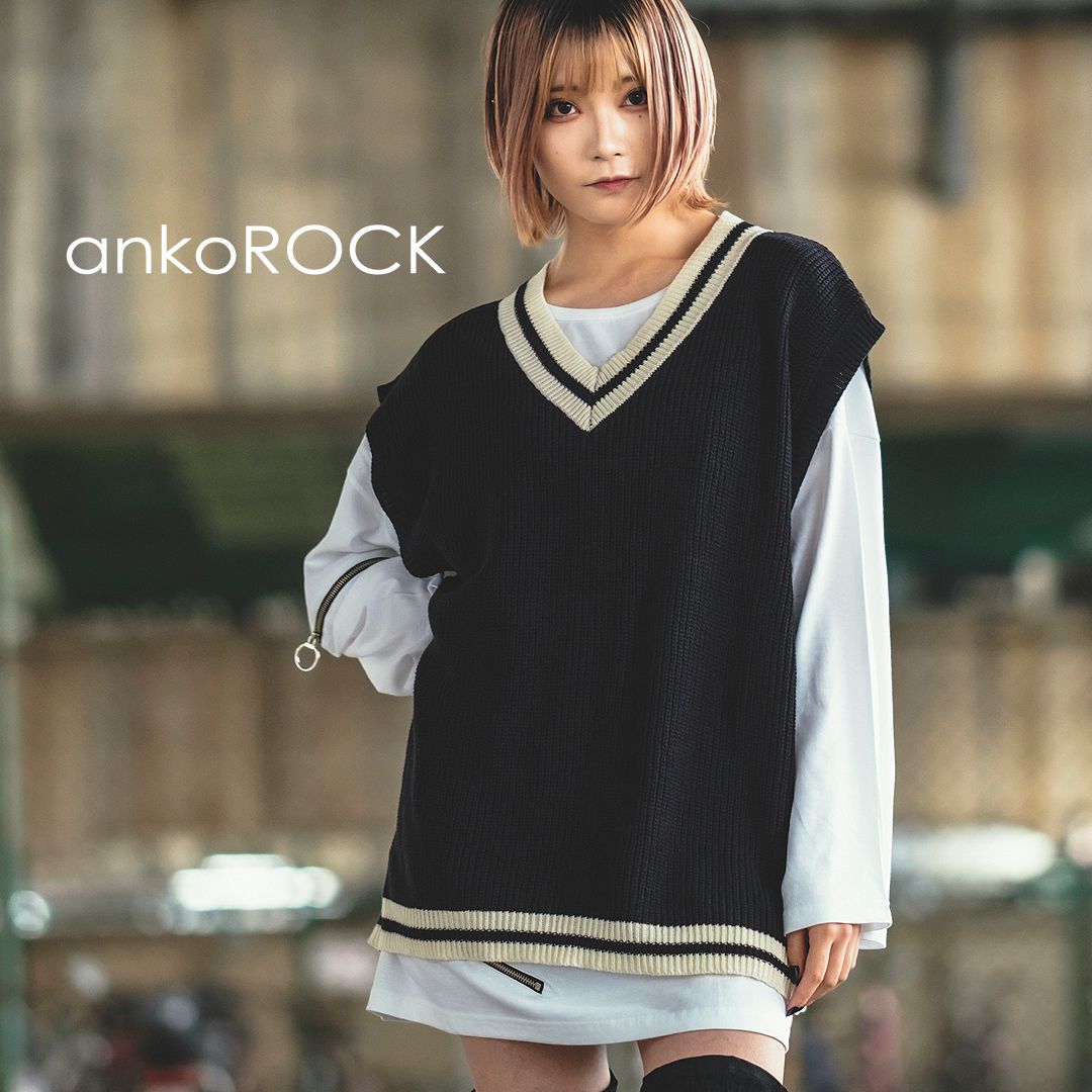 Ankorock アンコロック メンズ レディース ユニセックス 服 ブランド トップス ベスト 無地 大きいサイズ ビッグシルエット オーバーサイズ ニット 黒 ブラック 80 Off