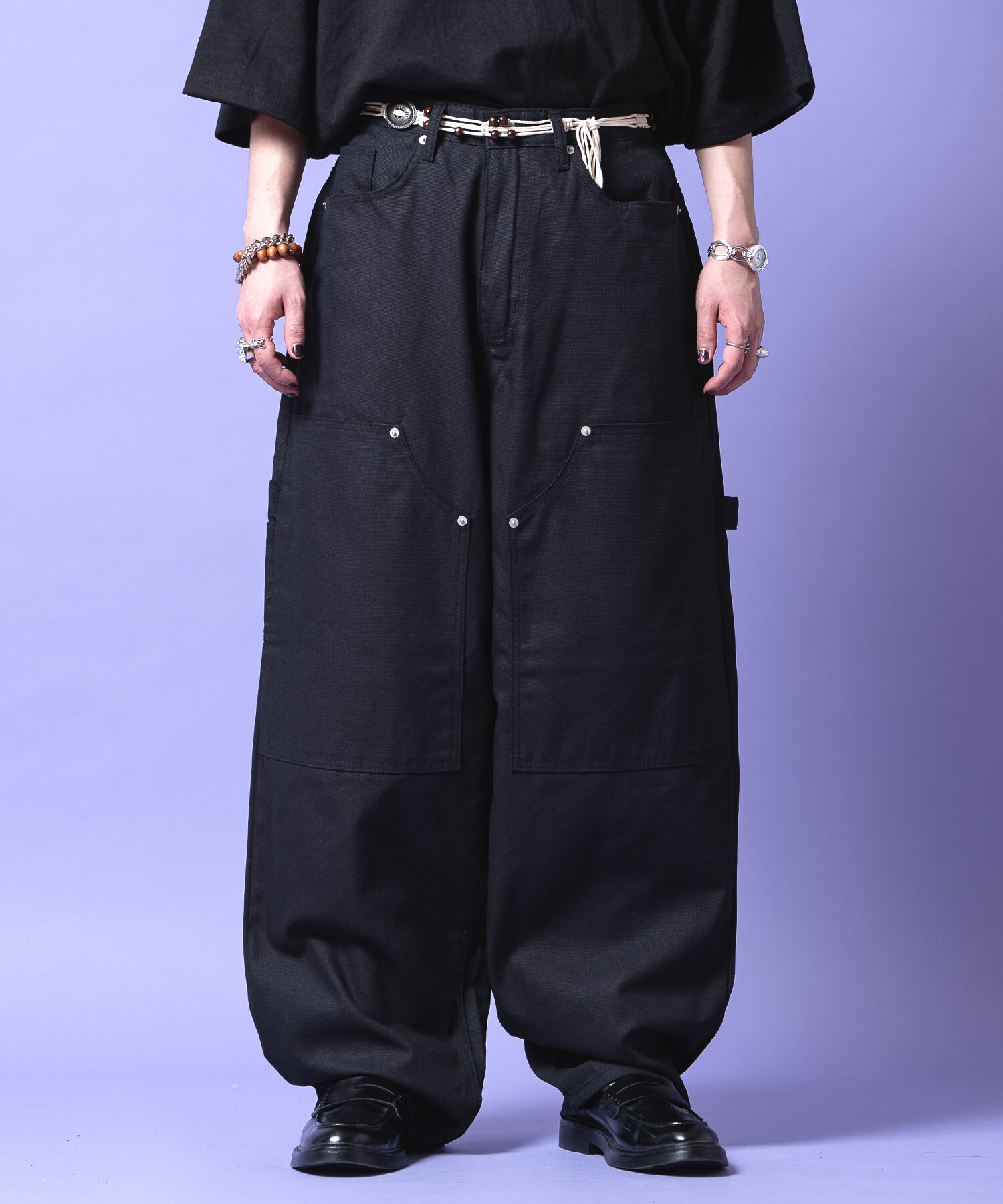 バックフレイム刺繍ダブルニーペインターパンツ / ユニセックス ワークパンツ｜ankoROCK