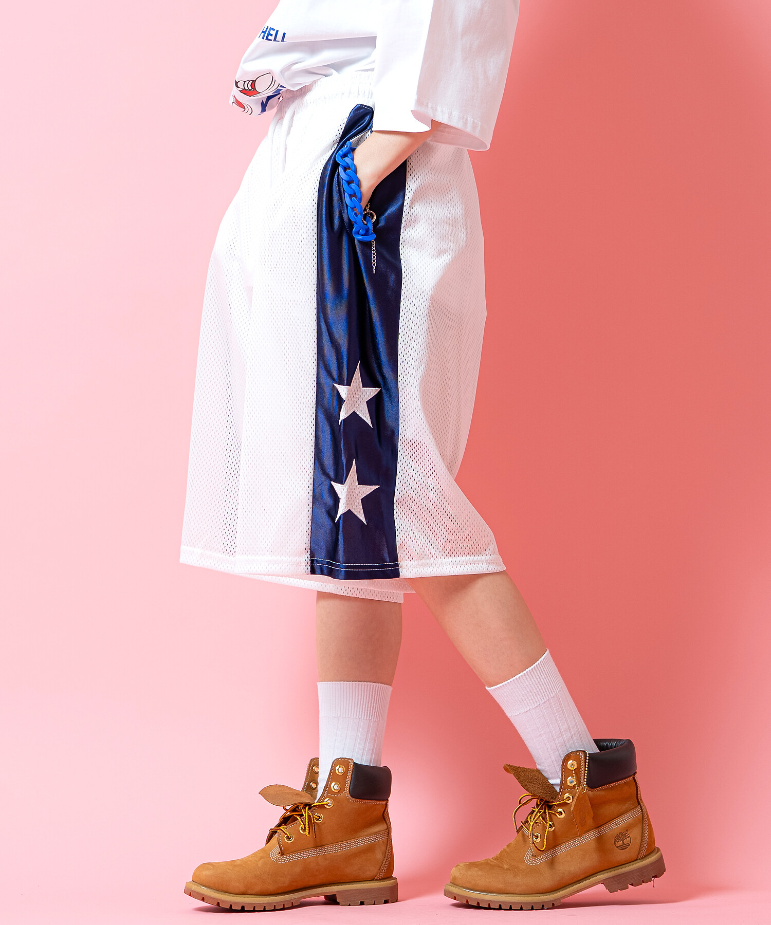 スターワッペン刺繍サテンサイドラインメッシュバギーショーツ / ユニセックス ハーフパンツ ショートパンツ ジャージ ワイド｜ankoROCK