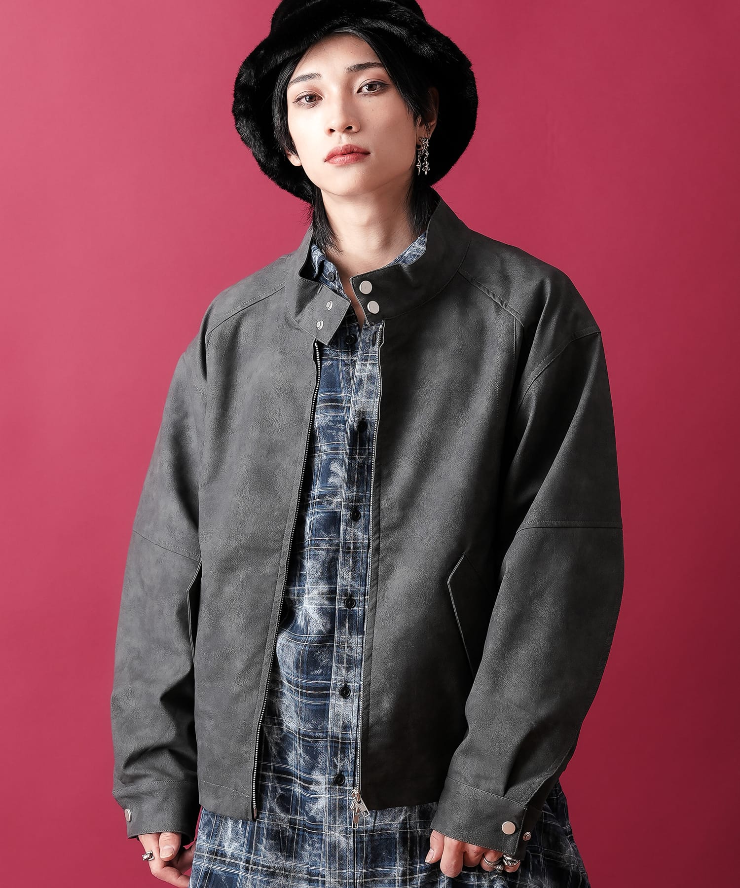 a.p.o.v. ビンテージライククラック合成皮革ジャケット / スタンドブルゾン メンズ レディース ユニセックス オーバーサイズ