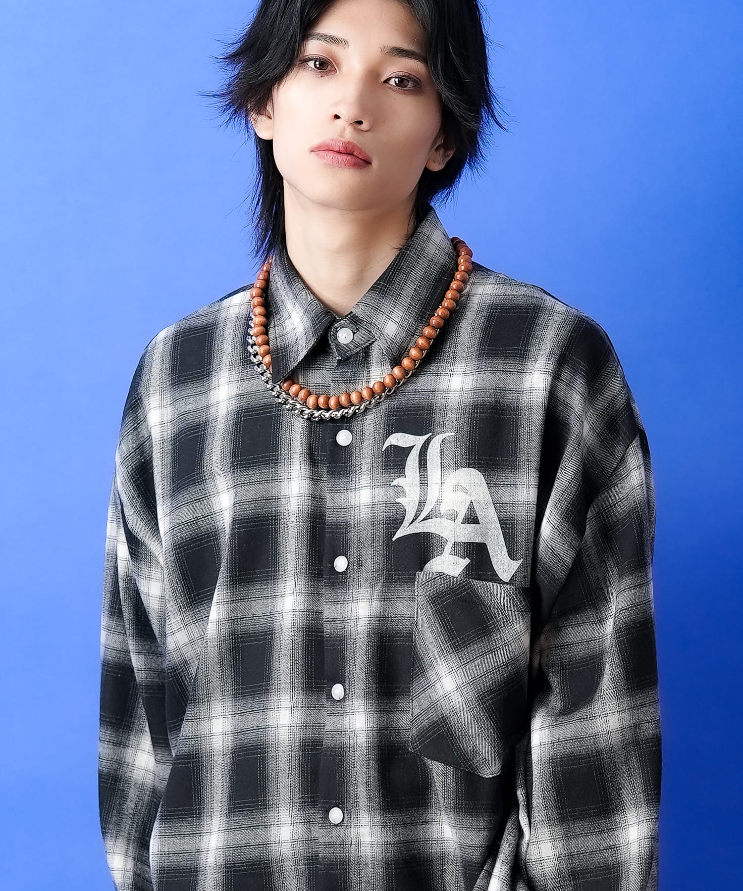 a.p.o.v. ナンバリング＆LAプリントオーバーサイズオンブレチェックネルシャツ / メンズ レディース ユニセックス 柄 ブラウス ビッグシルエット｜ankoROCK
