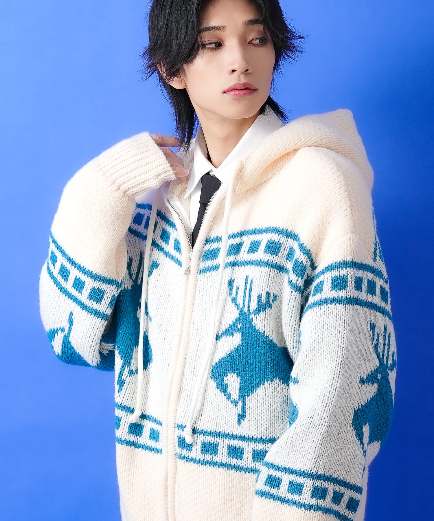 a.p.o.v. ノルディック柄カウチンニットフーディーセーター / メンズ レディース ユニセックス トナカイ柄 フェアアイル ジップアップパーカー