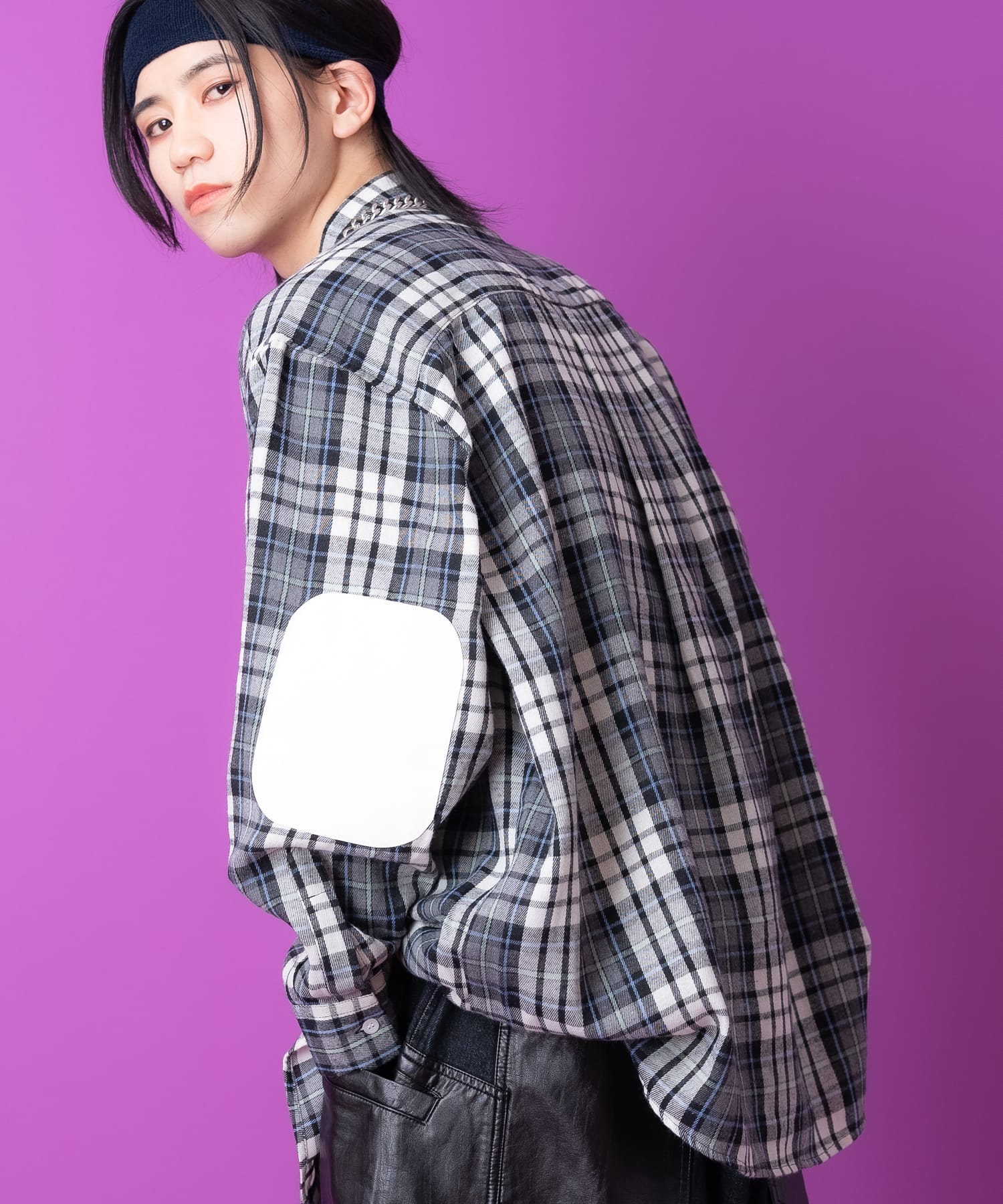 a.p.o.v. 合成皮革エルボーパッチチェックネルシャツ / 長袖 ブラウス 柄 メンズ レディース ユニセックス フランネル オーバーサイズ