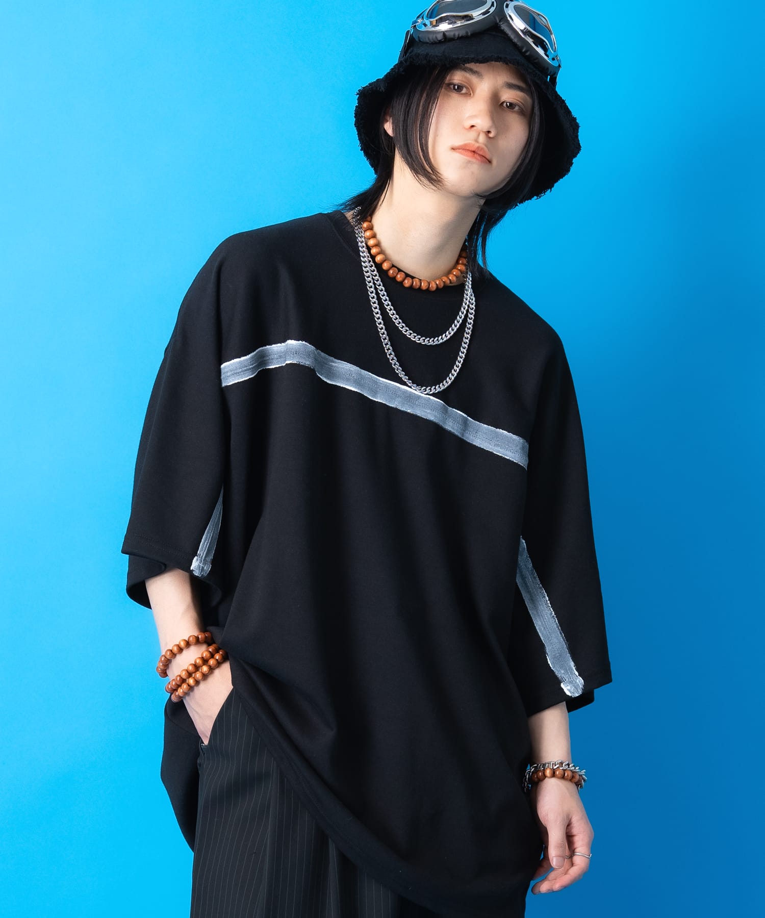 a.p.o.v. ハンドペイントテイストラインスーパーオーバーサイズTシャツ / 半袖 カットソー メンズ レディース ユニセックス ビッグシルエット コットン｜ankoROCK