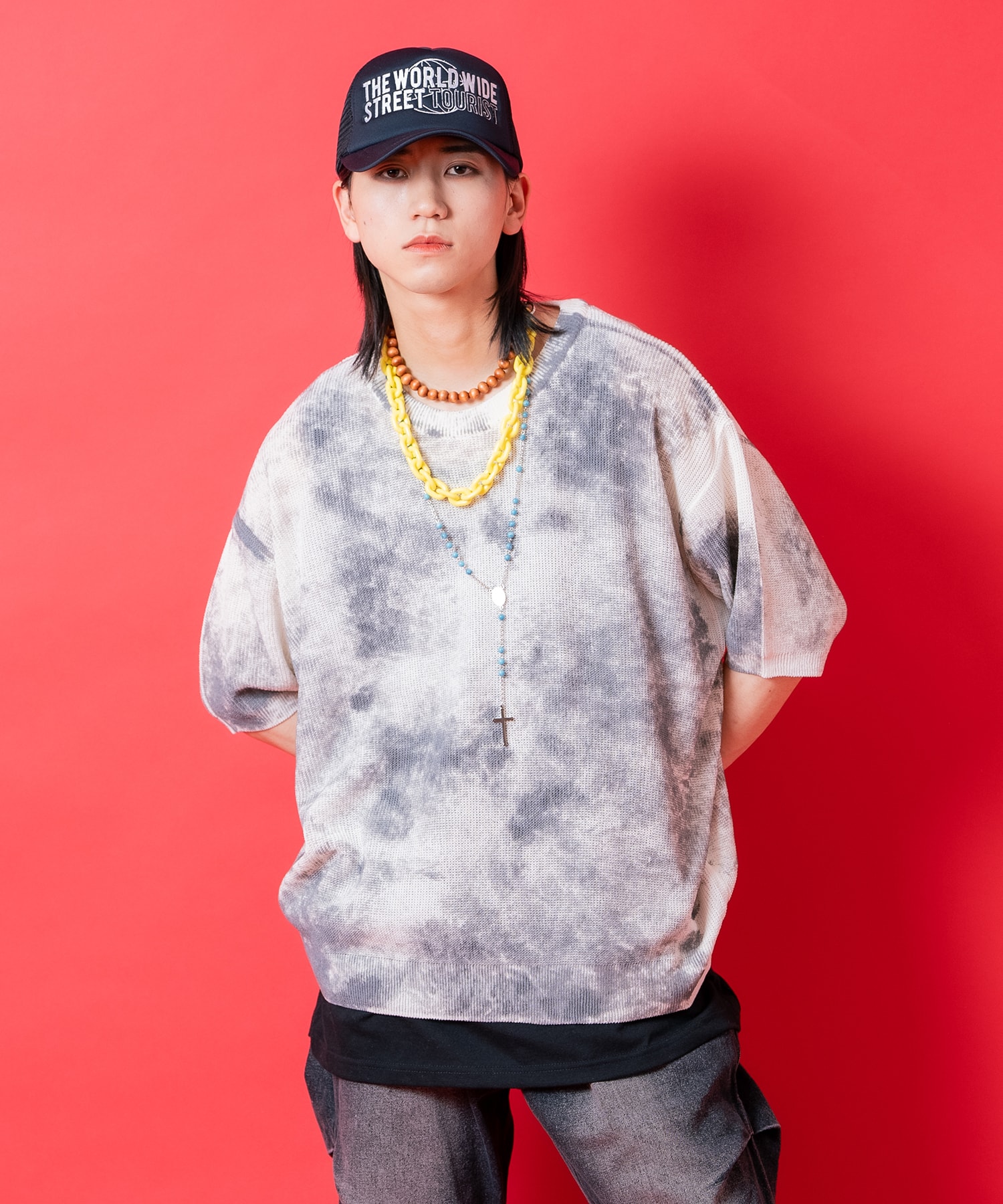 a.p.o.v. ダートスプレープリントオーバーサイズニットTシャツ / 半袖 カットソー ニットソー メンズ レディース ユニセックス 柄 レトロ