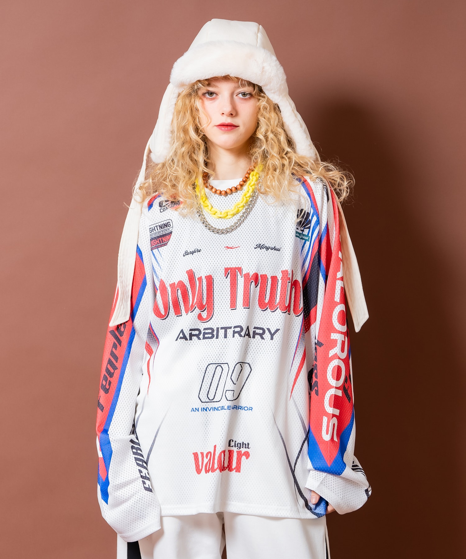 a.p.o.v. レーシングゲームシャツグラフィックメッシュオーバーサイズカットソー / ユニセックス 長袖 ロングスリーブ Tシャツ 転写プリント ユニフォーム|ankoROCK