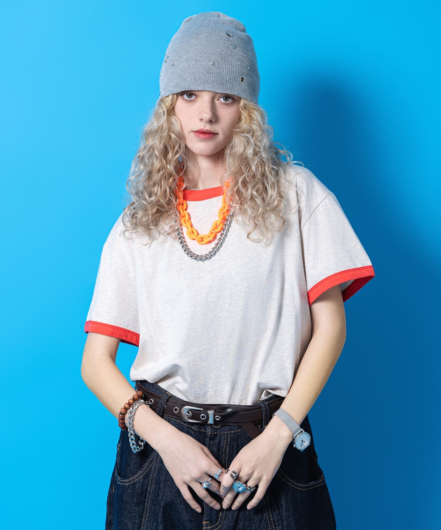 短丈リンガーティーシャツ / ユニ一発やる 半袖 カットソー クロップド丈