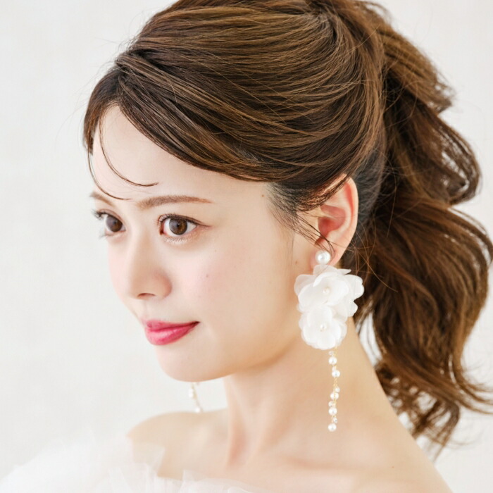 【サテンフラワーとパールで高級感】ブライダルイヤリング 小枝イヤリング ビジュー ウエディング　ゴールド 結婚式 小物 前撮り 花嫁 二次会 海外挙式 小枝アクセサリー パーティー 　大きめ　　大ぶり　揺れる　タッセル　花　長め　人気