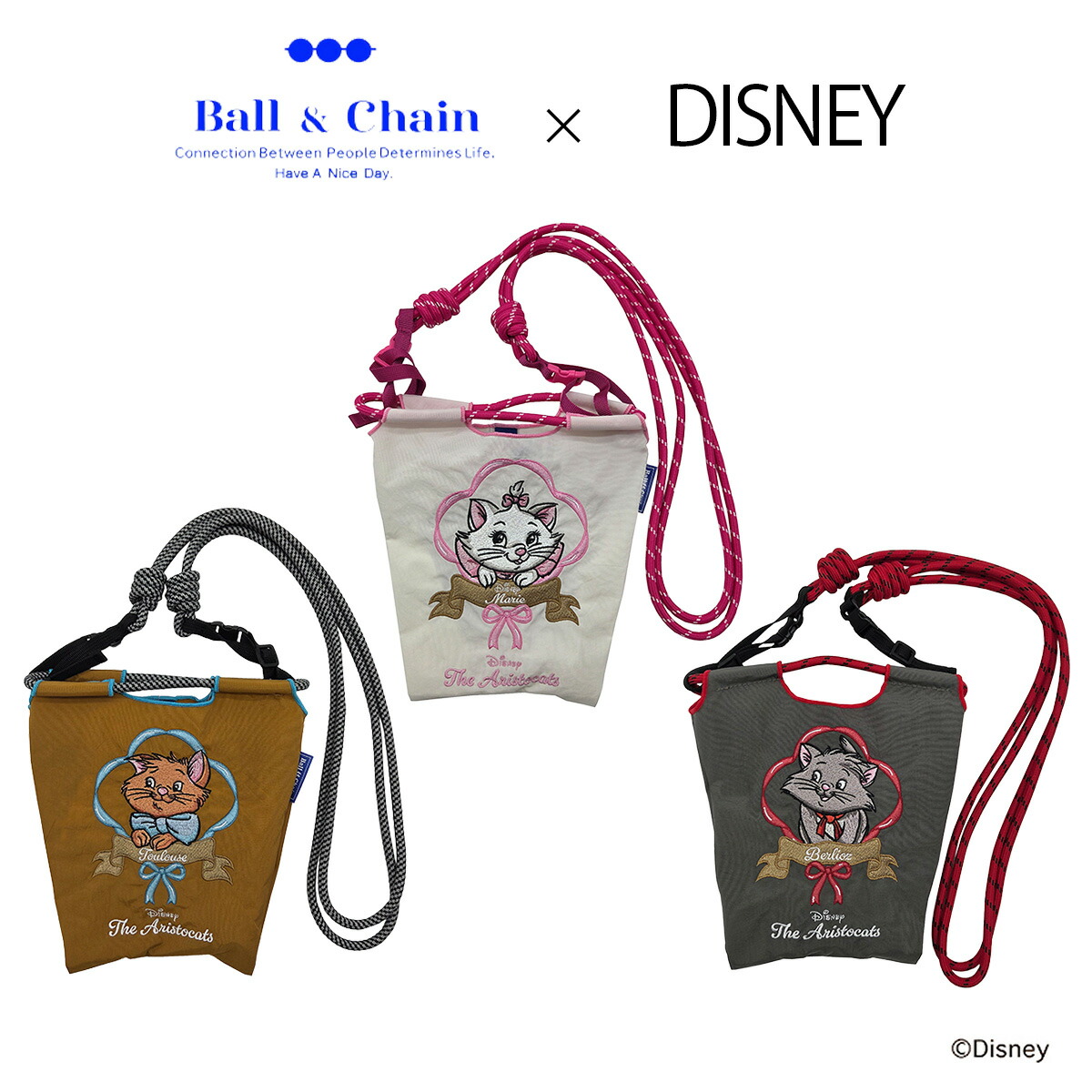 正規品 Ball＆Chain Disney ボールアンドチェーン DISNEY刺繍エコバッグ Sサイズ Ball＆Chain正規販売店 ディズニー ECOバッグ マリー ネコ ピンク 白 グレー ブラウン グレー