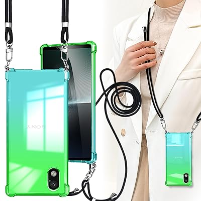 Xperia Ace III ケース ショルダー クリア SO-53C SOG08 カバー 耐衝撃 TPU 肩がけ 首掛け 紐付き 薄型 縄掛け ケース 斜めかけケース 軽量 取り外し可能 調節可能な ショルダー 肩がけ 首掛け 紐付き 緑緑+縄掛け画像