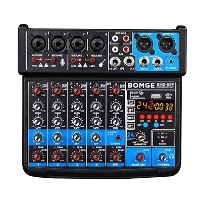 BOMGE 6チャンネルミニオーディオミキサーコンソール、USB、Bluetooth、ステレオ吹き込み、48Vファンタムワット数、カラオケ、歌上げる、パソコン吹き込み用の24個のDSP効果 (黒) スポーツ・アウトドア-その他